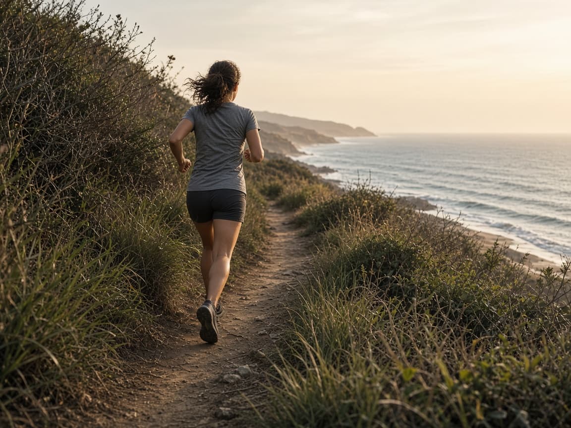 Runner on a coastal trail overlooking the beach